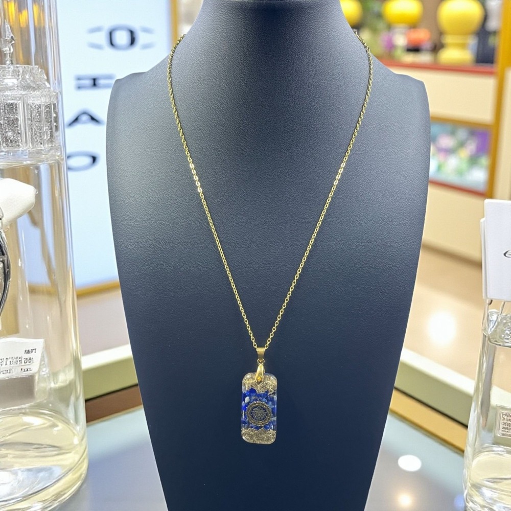 Gold Tone Sri Yantra Pendant Necklace Blue Gemstone Spiritual Energy Healing